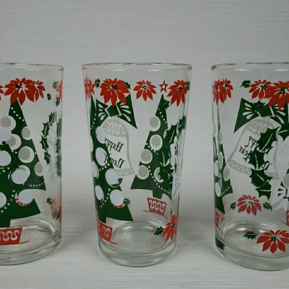 Vintage 7 Merry Christmas Happy New Year Cups Tumblers Continental Glass MCM